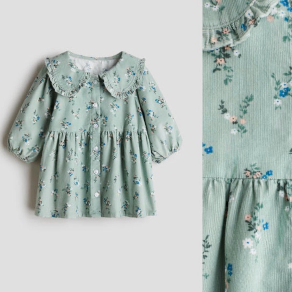 H&M Sage Green Floral Corduroy Dress